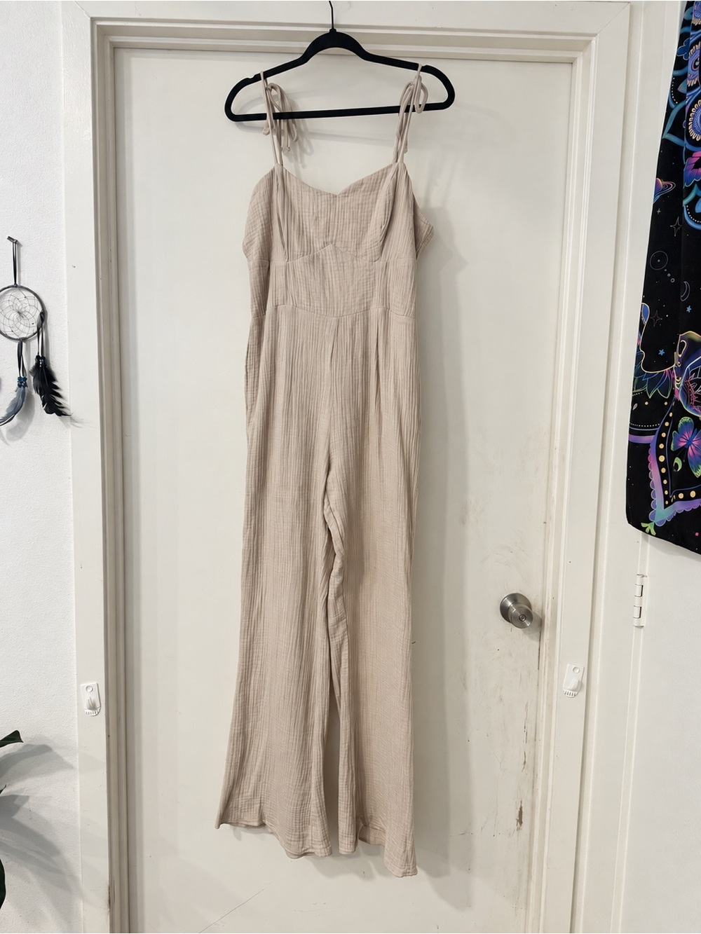 Le Lis Beige Tie-Shoulder Wide Leg Jumpsuit
